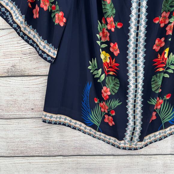 Flower & Feather Off Shoulder Floral Blouse Womens 2XL Navy Blue Semi Sheer - Picture 2 of 10